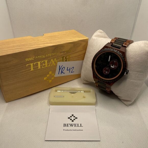 BEWELL W154A Men's Red/Black Sandalwood Analog Dial Quartz Wrist Watch YR42 - Picture 1 of 10